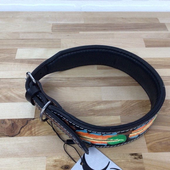 Mad Cow genuine leather jewelry dog collar handmade black green orange design - Picture 5 of 11